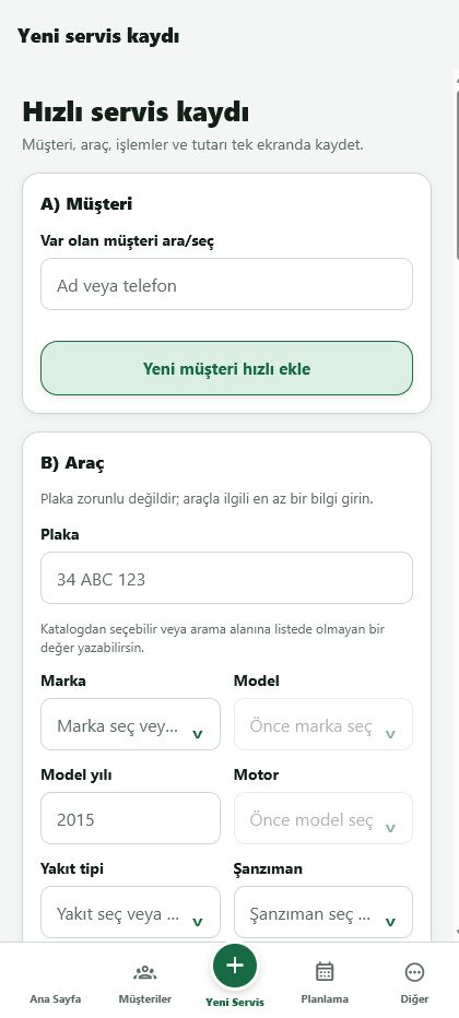 Garajiva mobil uygulaması yeni servis kayıt formu